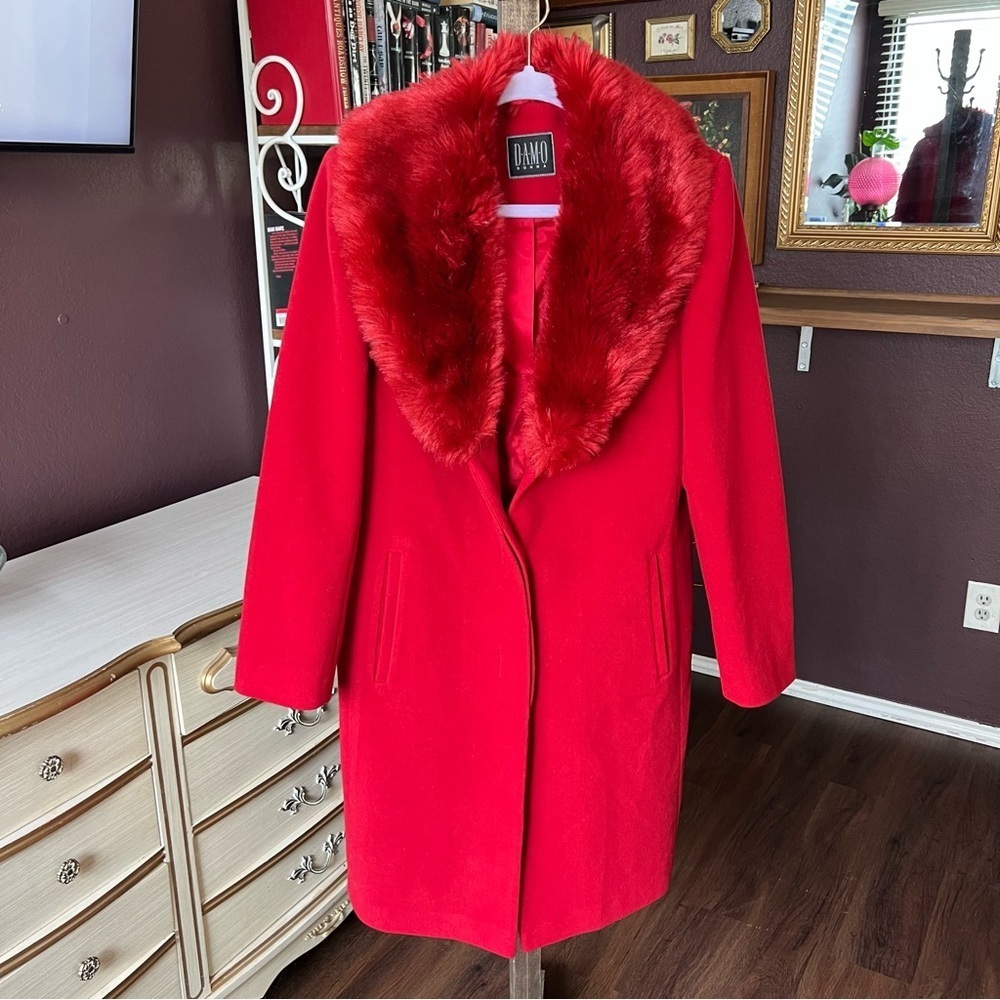 Vintage Damo Donna Cashmere Wool Faux Fur Red Coat Size 12